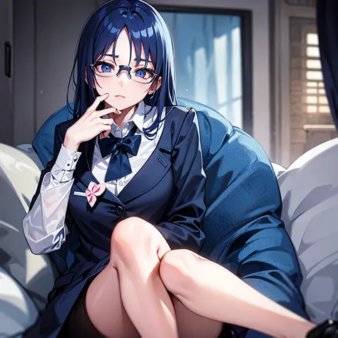 A pretty pretty adult, pale long dark blue hair with eyes of the same color and wears glasses, with formal clothes 