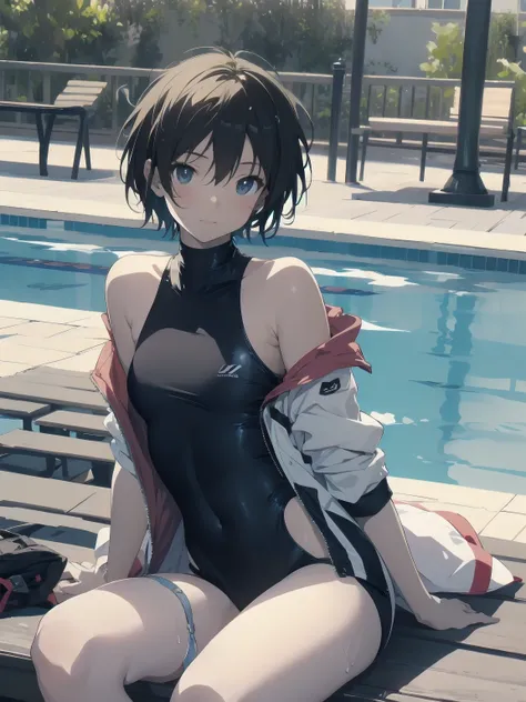 ultra-Top-quality by art God, ultra-detailed, high resolution, shinkai makoto style, anime moe artstyle, best anime 8k konachan wallpaper, pixiv contest winner, perfect anatomy, break,(Please draw a picture of a girl in a swimsuit sitting sleepily on a ben...