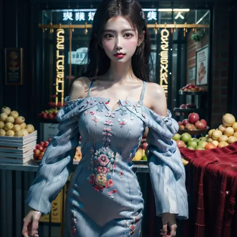 There was a woman standing in front of a fruit stand., beautiful character drawings, Beautiful digital artwork, beautiful digital paintings, realistic drawing of a cute girl, Spectacular digital painting, Chinese girl, super Realistic drawing style, cute d...