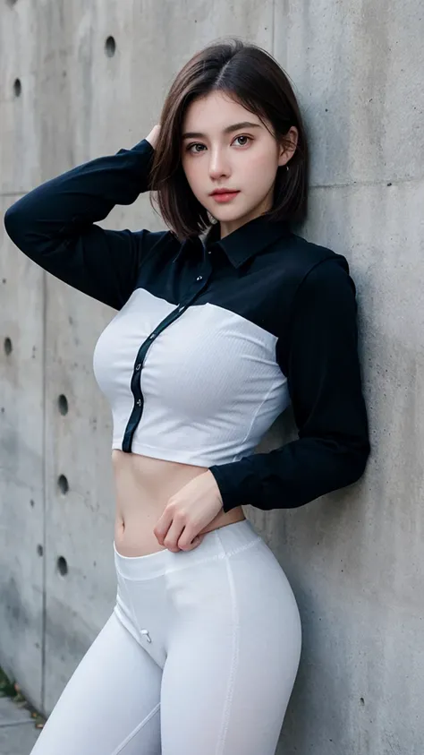 ((best quality)), photorealistic, photorealism, Photorealistic, high resolution, Beautiful, Baby Face, 20 Years Old, White Skin, pale skin, Medium Breast, Combat pose, looking at the camera, (Detailed face), short hair, (wearing white long sleeve button up...