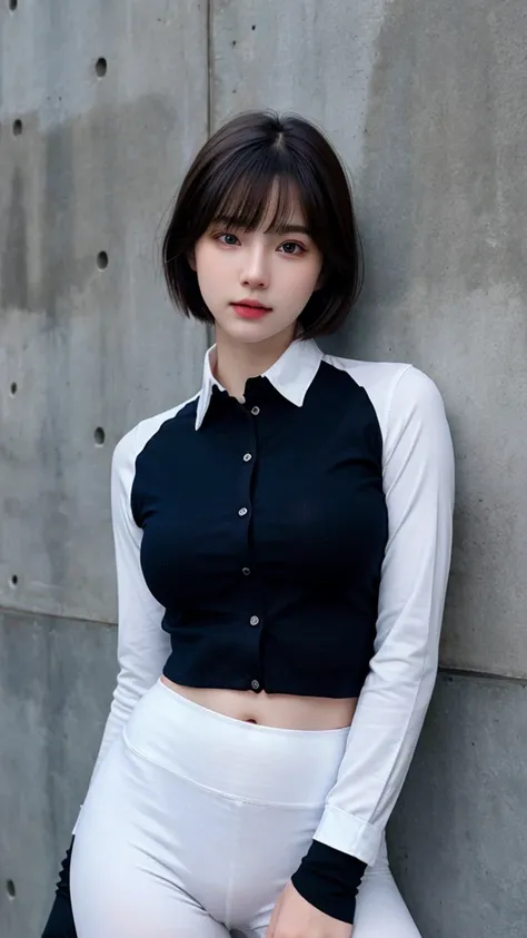 ((best quality)), photorealistic, photorealism, Photorealistic, high resolution, Beautiful, Baby Face, 20 Years Old, White Skin, pale skin, Medium Breast, Combat pose, looking at the camera, (Detailed face), short hair, (wearing white long sleeve button up...