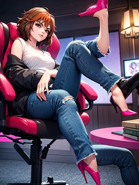 merula, sitting on a chair with her legs up, gaming chair, sexy pose, sitting pose, blue jeans, pink high heels , legs up, side view