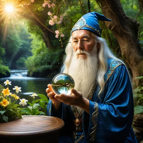 Create a highly detailed and realistic image of an elderly wizard with long white hair and a beard, holding a crystal ball. The crystal ball contains a miniature, vivid landscape with a river flowing through a lush forest, surrounded by trees and flowers. ...