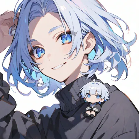 solo, handsome, ,CHIBI,1/2, mini-character, 
1. male, 
Straight hair, Bob hair,light blue Hair,Blue eyes＆Soft look ,
Gojo Satoru,18 years old,black cardigan,sweater,skin,smile,White background