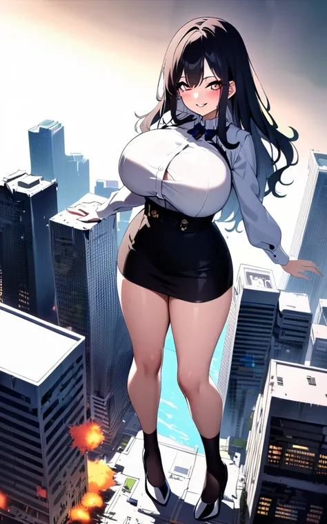 aerial view，giantesscity,giant girl 500 feet high，skyscrapers,have a pair of ultra long legs,stepping in the crowd，many people i...