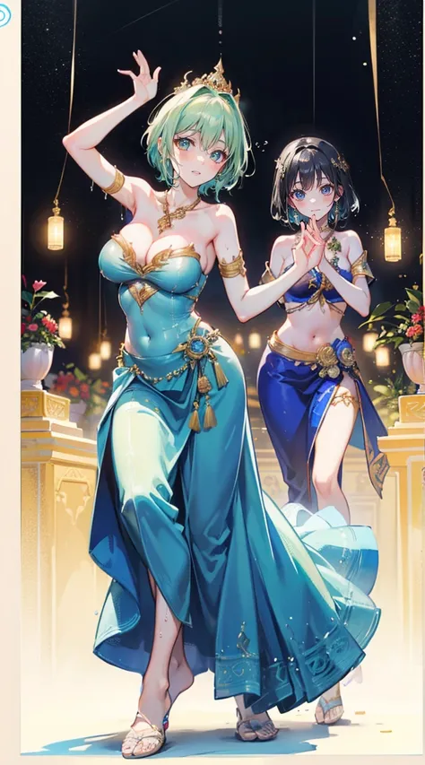 (2 young women ,beautiful woman),(เด็กหญิงshyุ 20 ปี)，smile，(light green short hair)，nobility，(princess)，blue student，Tall figure，((Strapless Thai dress))，low skirt，(Strapless Thai dressที่noทีสาย)，lolita skirt，Show your legs，Barefoot，red carpet，prom websi...