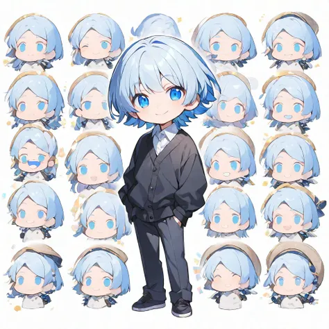 solo, handsome, ,CHIBI,1/2, mini-character, 
1. male, 
Straight hair, Bob hair,light blue Hair,Blue eyes＆Soft look ,
Gojo Satoru,18 years old,black cardigan,sweater,skin,smile, whole body ,White background