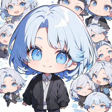 solo, handsome, ,CHIBI,1/2, mini-character, 
1. male, 
Straight hair, Bob hair,light blue Hair,Blue eyes＆Soft look ,
Gojo Satoru,18 years old,black cardigan,sweater,skin,smile, whole body ,White background