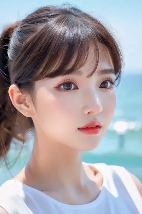 Delicate facial features, bangs, Brown ponytail, Messy Hair, The hair is very realistic, Wearing a short-sleeved white shirt, The background is empty, Ocean view, Du Qiong, Exquisite makeup, thin red lips, Big eyes, double eyelid, Black Hole, Bright Eyes, ...