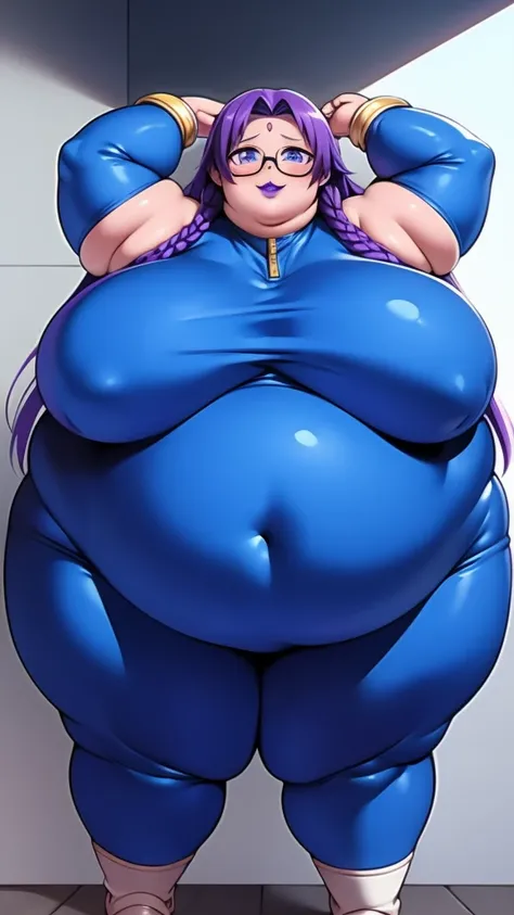 Anime Women, Lady、Forehead、Long braids down to the waist、Purple Hair、Glasses、Sharp eyes、Purple lips、Cobalt blue body、Cobalt blue skin、Are fat、Chubby、Voluptuous、obesity、Double chin、Fat-covered neck、Big Breasts、Saggy breasts、Thick upper arms、Thick arms、thick...