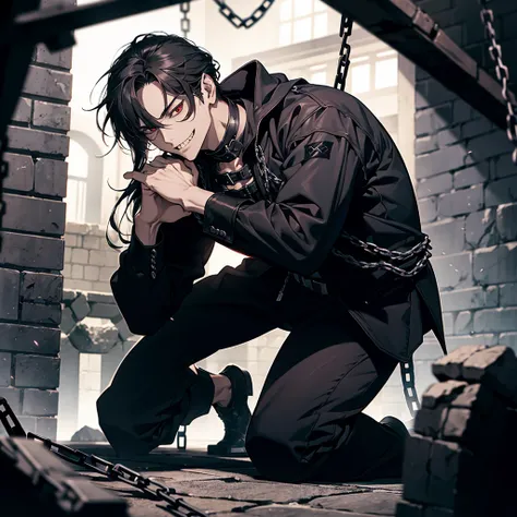 1 male, prisioner, long black hair, red eyes, handcuffed, hands behind back, on his knees, shirtless, bowed, looking up, gesugao, evilness, malice and sadism facial expression, cocky smile, threatening smile, evil look, prision cell background, dark cell, ...