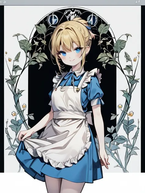 masterpiece, Highest quality, Very detailed, 16K, Ultra-high resolution, Cowboy Shot, Alice in Wonderland, (art nouveau:1.4), 10-year-old girl, Detailed face, (smile:1.5), blue eyes, Blonde, ,braided ponytail, Ribbon on head, Blue clothes, Plain white apro...