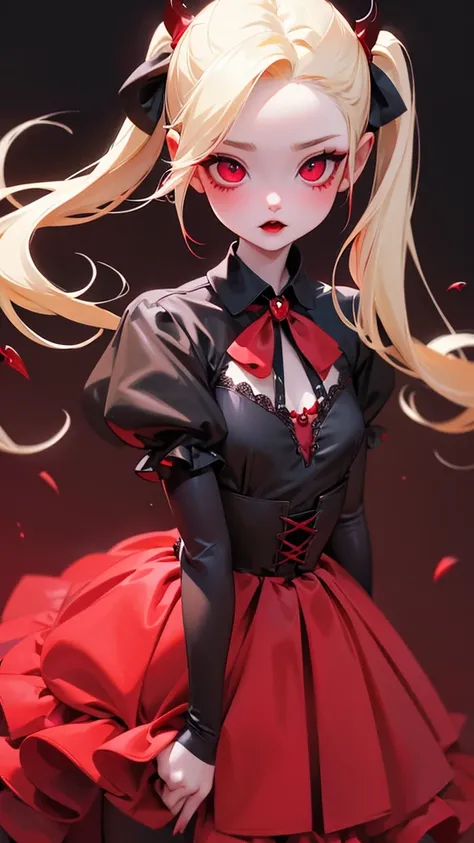 One Girl、Unparalleled beauty、Cute face、Red face、Beautiful Eyes、(((vampire、Crimson Eyes、Black Lips、Expressionless)))、Dark fantasy、Floating eroticism、Twin tails、Twin tails、blonde、Elegant Dresses、Small breasts、capital of、Dark reception room、Luxurious ornament...