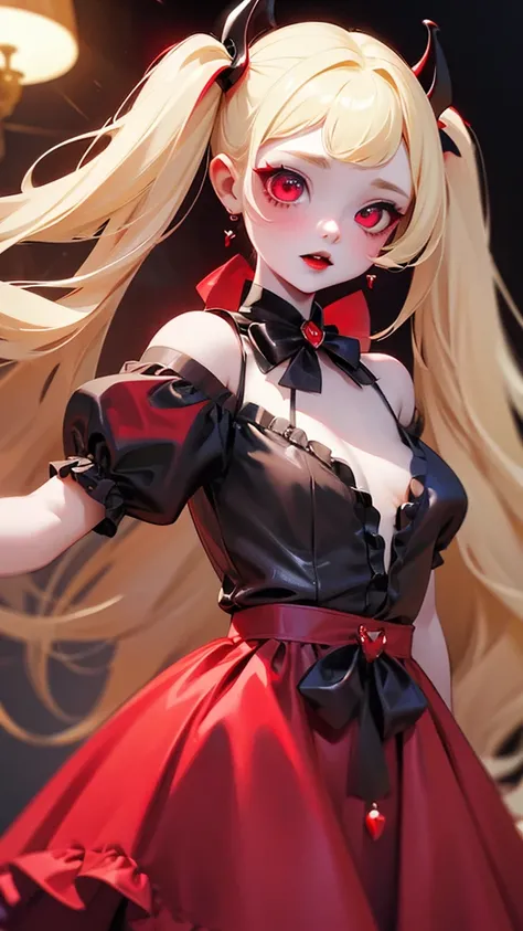 One Girl、Unparalleled beauty、Cute face、Red face、Beautiful Eyes、(((vampire、Crimson Eyes、Black Lips、Expressionless)))、Dark fantasy、Floating eroticism、Twin tails、Twin tails、blonde、Elegant Dresses、Small breasts、capital of、Dark reception room、Luxurious ornament...