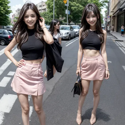  32 year old girl, very thin, with mini skirt, posing for photo, in the middle of the street in summer, with a pink top, smiling, dark black hair, light brown eyes