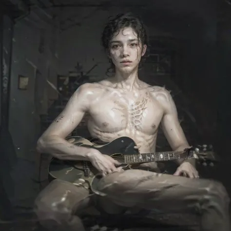 (Best Quality, Masterpiece:1.2), ultra high resolution, realist, front lighting, intricate detail, Exquisite details and textures, 1 man, Alone ,(YOUNG), full body, face playing a guitar, tear mole, White skin, curly black hair, looking to the horizon, (ho...