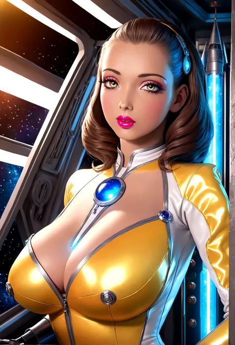 A sexy female space captain in a 50s-styled space outfit piloting her rocket with blinking controls and bright lights, highly detailed, photorealistic, 8k, hyper-realistic, extremely detailed, ultra-detailed, masterpiece, detailed eyes, detailed lips, long...