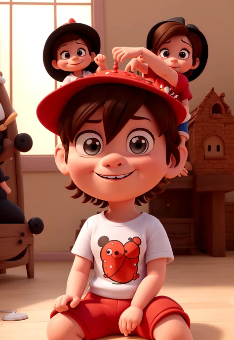 Create a 3D drawing in Disney cartoon format, of a 1 year old baby, brunette and short hair, sitting in red shorts and a black shirt with the Disney castle printed on the shirt and wearing a Mikey Mouse hat