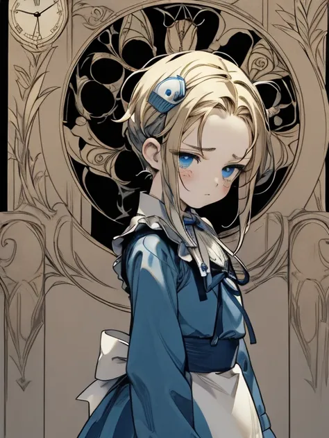 masterpiece, Highest quality, Very detailed, 16K, Ultra-high resolution, Cowboy Shot, Alice in Wonderland, (art nouveau:1.4), 10-year-old girl, Detailed face, (Tired face:1.5), blue eyes, Blonde, ,braided ponytail, Ribbon on head, Blue clothes, Plain white...