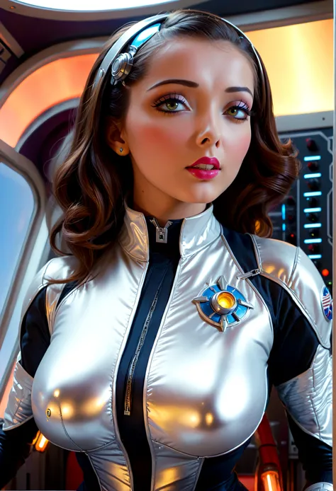 A sexy female space captain in a 50s-styled space outfit piloting her rocket with blinking controls and bright lights, highly detailed, photorealistic, 8k, hyper-realistic, extremely detailed, ultra-detailed, masterpiece, detailed eyes, detailed lips, long...