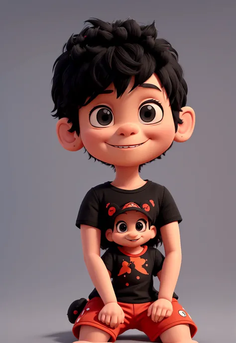 Create a 3D drawing in Disney cartoon format, of a 1 year old baby, black and short hair, sitting in red shorts and a black shirt with the Disney castle printed on the shirt and wearing a Mikey Mouse hat
