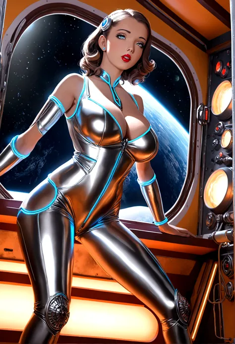 A sexy female space captain in a 50s-styled space outfit piloting her rocket with blinking controls and bright lights, highly detailed, photorealistic, 8k, hyper-realistic, extremely detailed, ultra-detailed, masterpiece, detailed eyes, detailed lips, long...