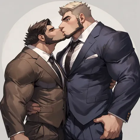 Draw a man dressed in very provocative clothes who is very muscular and has hair all over him kissing a man dressed in a suit who is also muscular..