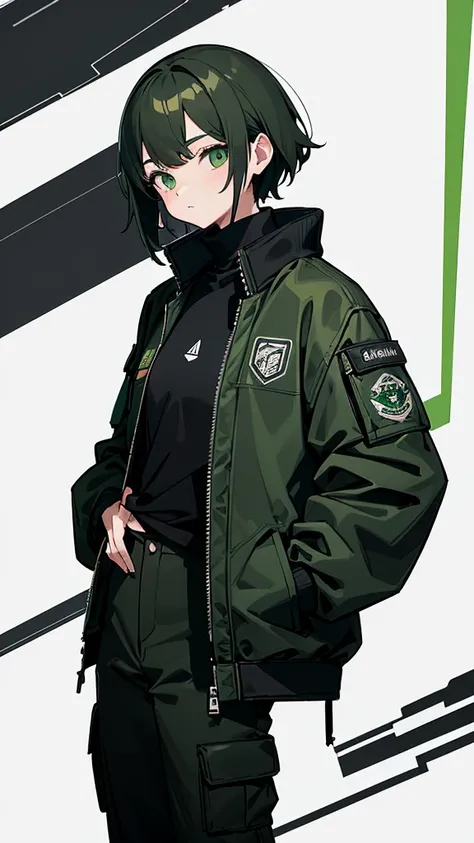 ((Masterpiece, Highest quality)), Detailed face, Black and white,, a girl in a black jacket and green Cargo pants standing, wearing Cargo pants, a green colored bomber jacket, Cargo pants , wearing dark green bomber jacket, black bomber jacket, black rugge...