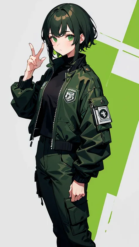 ((Masterpiece, Highest quality)), Detailed face, Black and white,, a girl in a black jacket and green Cargo pants standing, wearing Cargo pants, a green colored bomber jacket, Cargo pants , wearing dark green bomber jacket, black bomber jacket, black rugge...