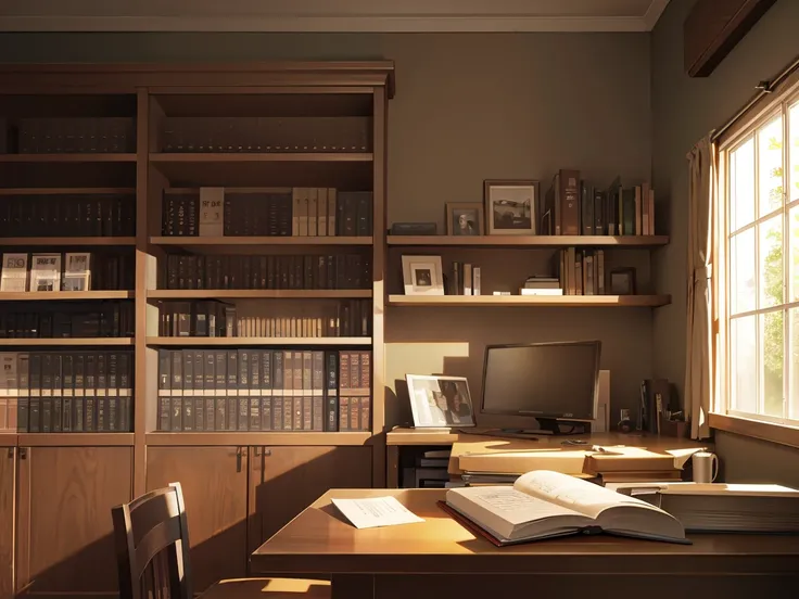 A narrow and dark study、A wall completely covered with bookshelves、desk with a computer、No people