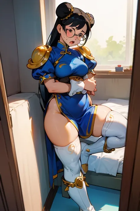 A chubby girl with black hair, freckles and glasses, dressed as Chun-Li and wearing white boots, crying in her room