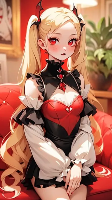 One Girl、Unparalleled beauty、Cute face、Red face、Beautiful Eyes、(((vampire、Crimson Eyes、Black Lips、Expressionless)))、Dark fantasy、Floating eroticism、Twin tails、Twin tails、blonde、Elegant Dresses、Small breasts、capital of、Dark reception room、Luxurious ornament...