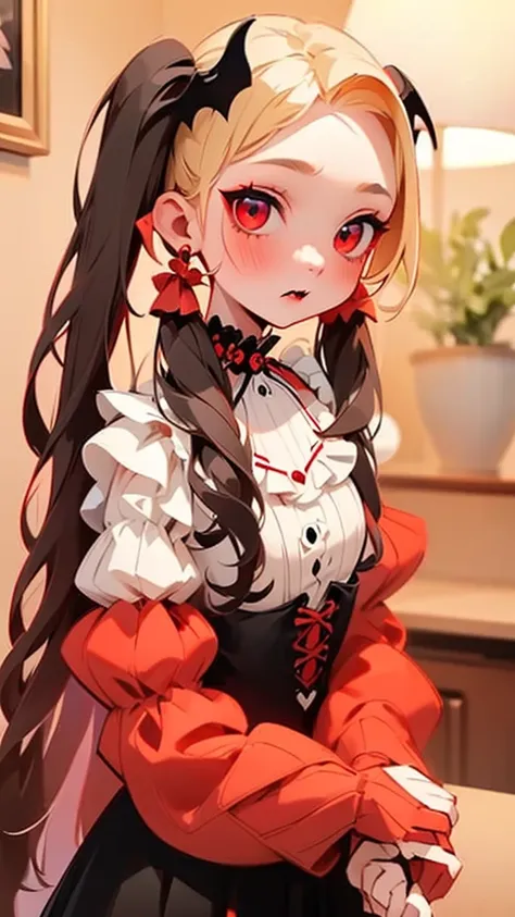 One Girl、Unparalleled beauty、Cute face、Red face、Beautiful Eyes、(((vampire、Crimson Eyes、Black Lips、Expressionless)))、Dark fantasy、Floating eroticism、Twin tails、Twin tails、blonde、Elegant Dresses、Small breasts、capital of、Dark reception room、Luxurious ornament...