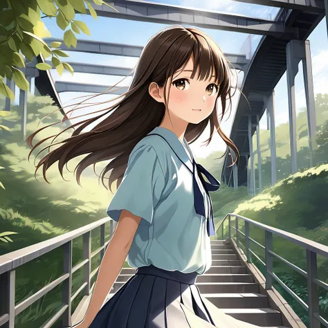 Create a high-resolution, natural-looking digital illustration of a teenage Japanese girl. She has a youthful, round face with a comforting and gentle expression. Her long, silky brown hair flows smoothly down her back, and she has clear, beautiful skin. T...