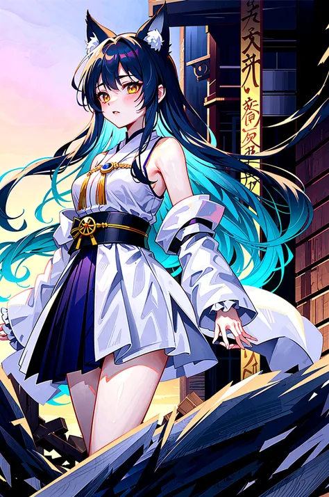 fox Light blue hair 　beast girl　indigo fur　fox beast girl　Sesshomaru, Yellow eyes, Anime, Perfect face, Perfect Lighting, Outdoors, Warm colors, Dark purple sky, Autumn sunset,  (inuyasha), Bearing Claw, Ready to fight