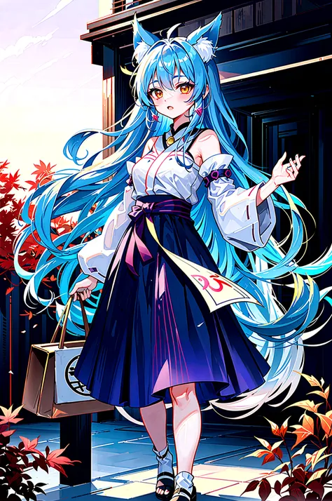 fox Light blue hair 　beast girl　indigo fur　fox beast girl　Sesshomaru, Yellow eyes, Anime, Perfect face, Perfect Lighting, Outdoors, Warm colors, Dark purple sky, Autumn sunset,  (inuyasha), Bearing Claw, Ready to fight