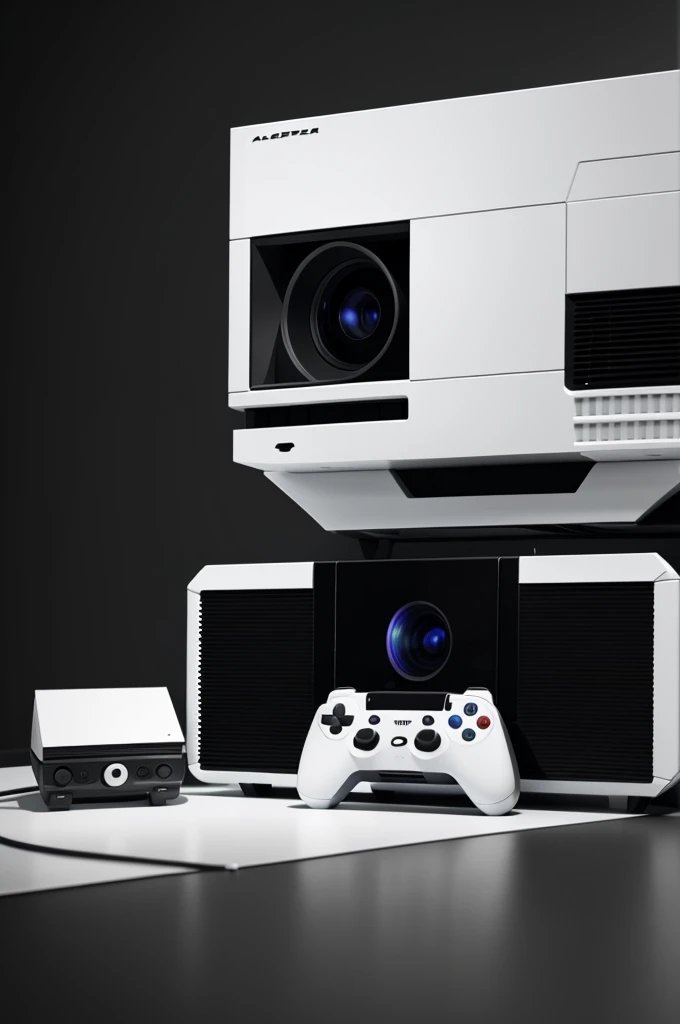 A black and white video game console that includes a projector to see in 3 D