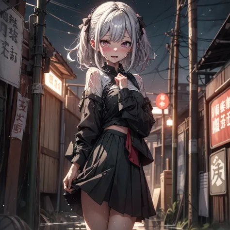 ((Highest quality)), ((masterpiece)), (detailed),1girl, 独奏, aroused, crying face, clothed, skirt lift,  NSFW, sweat, wet, night sky, blurry background