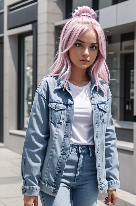 She is feminine, she is a Roblox character, she has blue eyes, she wears a white shirt with gray stripes, she wears a blue jean jacket and she wears pink pants.