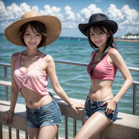  32 year old girl, very thin, with mini Texan brim, posing for photo, on the seafront in summer, with a pink top, smiling, dark black hair, light brown eyes