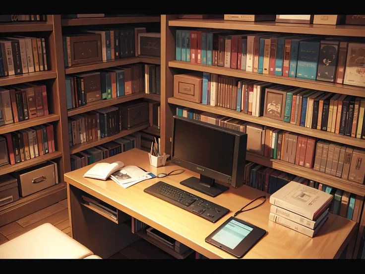 A narrow and dark study、A wall completely covered with bookshelves、desk with a computer、No people