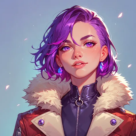 A girl with violet eyes, short violet hair, and a white tuft on her forehead between her eyes
Her hairstyle is wolf cut. She wears a coat with a blouse that covers the neck