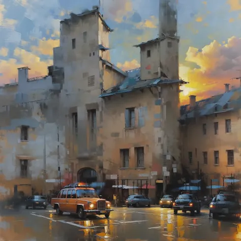 cityscape print , stree and old colonial building, road lamp, cars, sunset, vicheals. oil painting