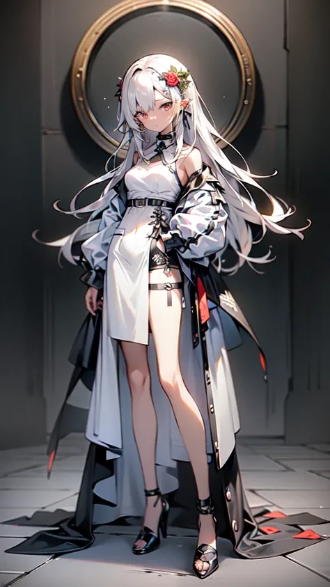 1 woman in a red dress and black heels standing in front of a wreath of red roses, hand in pocket, white hair deity, High quality anime image of a cute girl., anime girl with long hair, perfect white hair anime girl, anime girl gothic maiden, high quality ...