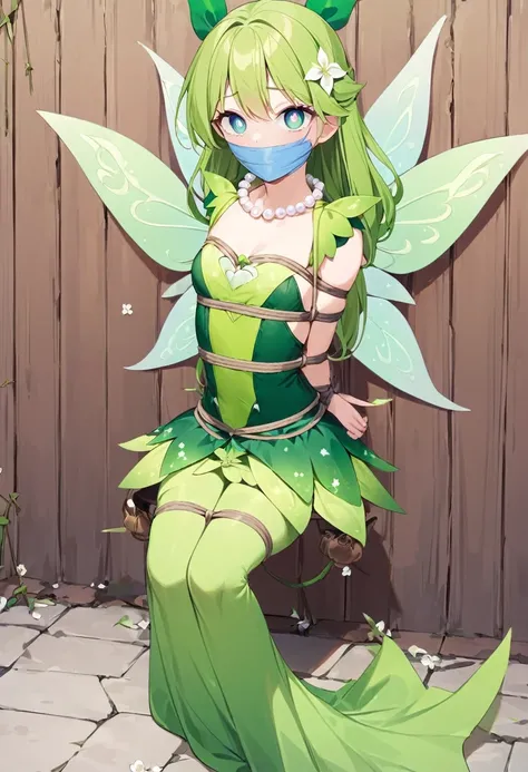 en, (bound with an excessive amount of ropes), (bound wirsts), (arms behind back), (tapegag, tape gag), dramatic,  (looking at viewer), (detailed pupils:1.3) ,perfect famale body,Introducing the stunning Tinker Bell costume, perfect for any fairy-themed ev...