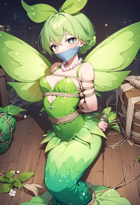 en, (bound with an excessive amount of ropes), (bound wirsts), (arms behind back), (tapegag, tape gag), dramatic,  (looking at viewer), (detailed pupils:1.3) ,perfect famale body,Introducing the stunning Tinker Bell costume, perfect for any fairy-themed ev...