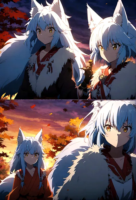 fox Light blue hair 　beast girl　indigo fur　fox beast girl　fox Light blue hair 　beast girl　indigo fur　fox beast girl　Sesshomaru, Yellow eyes, Anime, Perfect face, Perfect Lighting, Outdoors, Warm colors, Dark purple sky, Autumn sunset, (inuyasha), Bearing C...