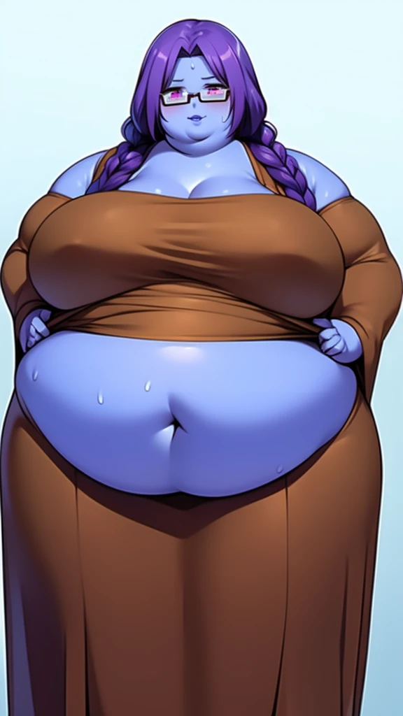 Anime Women, Lady、Forehead、Long braids down to the waist、Purple Hair、Glasses、Sharp eyes、Purple lips、Cobalt blue body、Cobalt blue skin、Are fat、Chubby、Voluptuous、obesity、Double chin、Fat-covered neck、Big Breasts、Saggy breasts、Thick upper arms、Thick arms、thick...