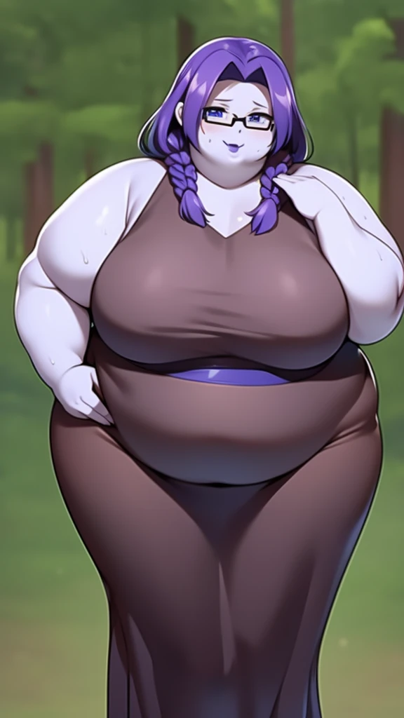 Anime Women, Lady、Forehead、Long braids down to the waist、Purple Hair、Glasses、Sharp eyes、Purple lips、Cobalt blue body、Cobalt blue skin、Are fat、Chubby、Voluptuous、obesity、Double chin、Fat-covered neck、Big Breasts、Saggy breasts、Thick upper arms、Thick arms、thick...