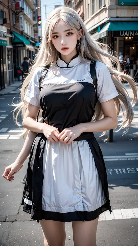 female,masterpiece, realistic, best quality, ultra detailed, cowboy_shot, long white hair, jewelery, street wear, colorful clothing